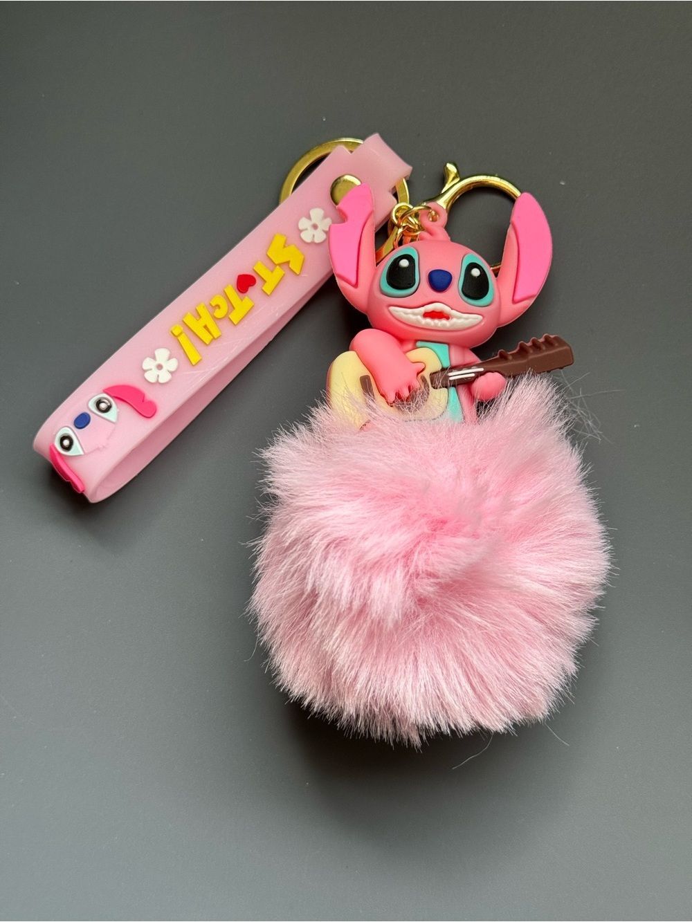Blue Stitch Fluffy Pom Pom Keychain Bag Charm with Guitar Charm NIP - Picture 5 of 9